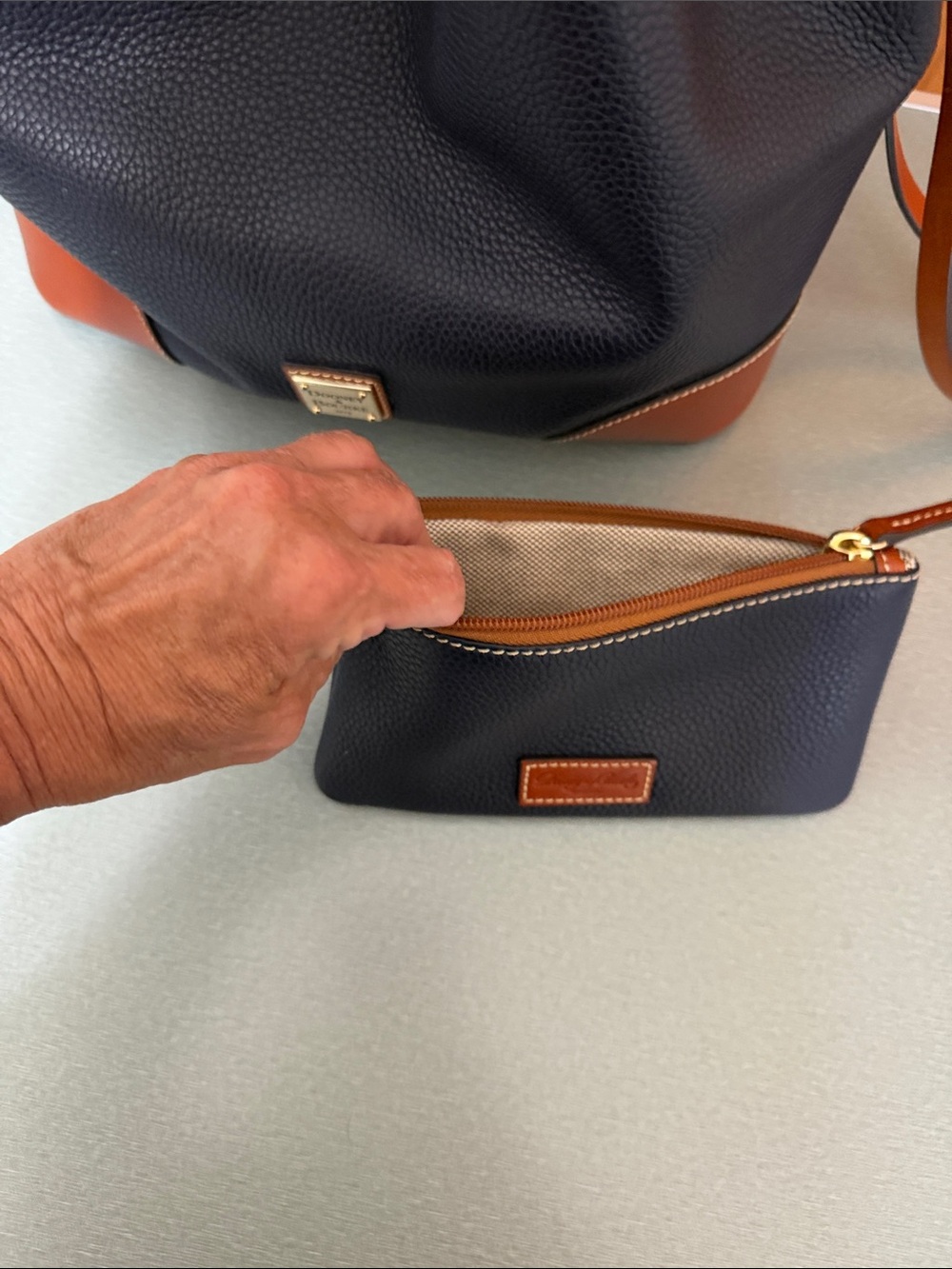 Dooney & Bourke Navy and Tan Pebble Leather Shoulder Bag with Wristlet - Picture 5 of 5